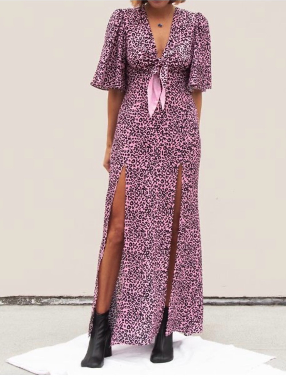 $645 LES REVERIES
TIE FRONT FLUTTER SLEEVE leopard print maxi dress 4